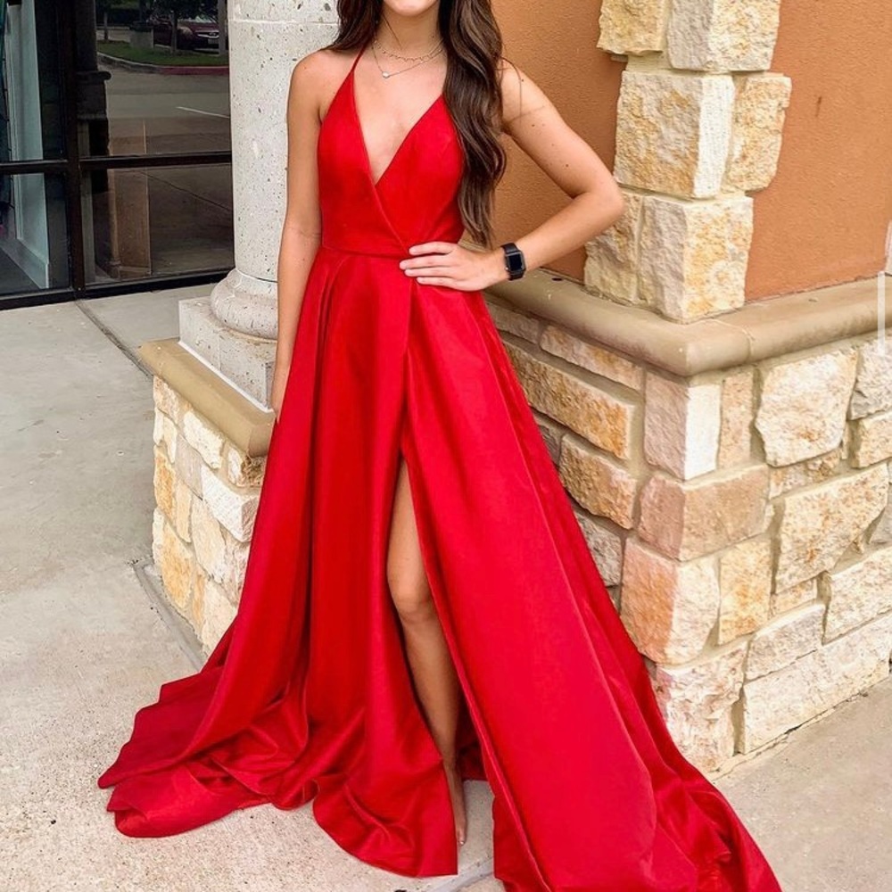 Sherri Hill Red Satin Gown w/ train side slit spaghetti straps